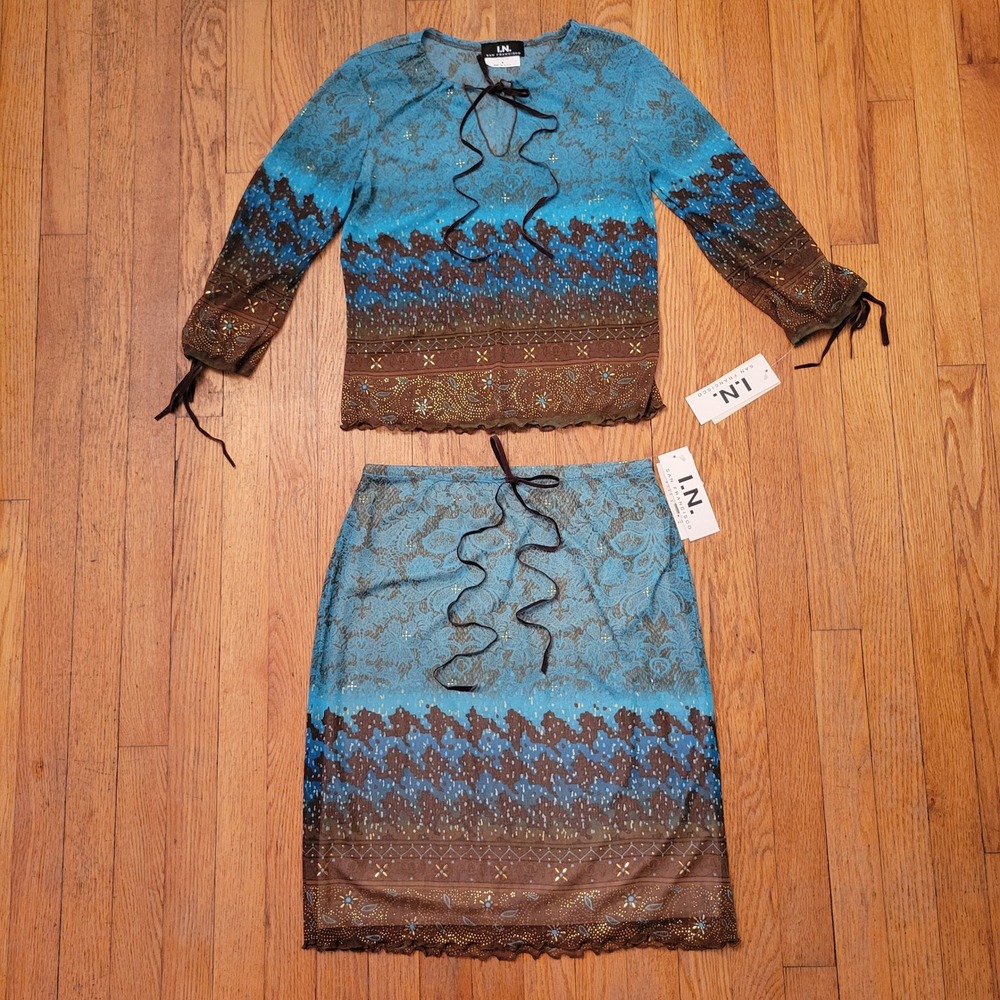 IN San Francisco M 2pc Skirt Set Brown Blue Paisley 90s Y2K Hippie Boho Western